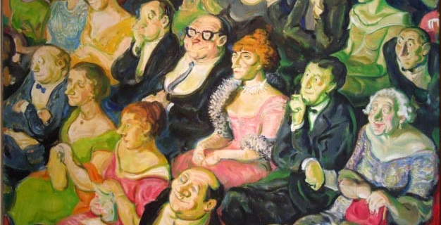 Ölgemälde von einem festlich gekleideten Publikum einer Oper, das karrikierend dargestellt wurde.