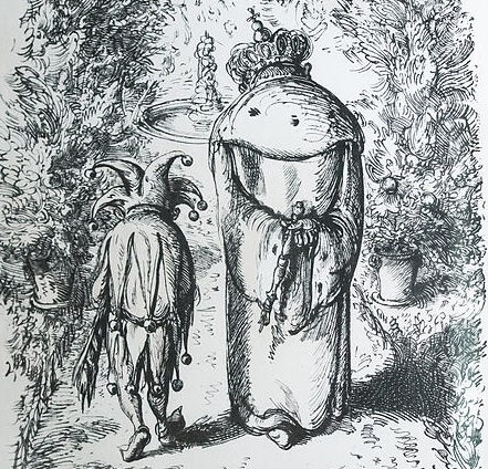 Ein Narr und ein König unterhalten sich beim Spaziergang durch eine barocke Gartenanlage.