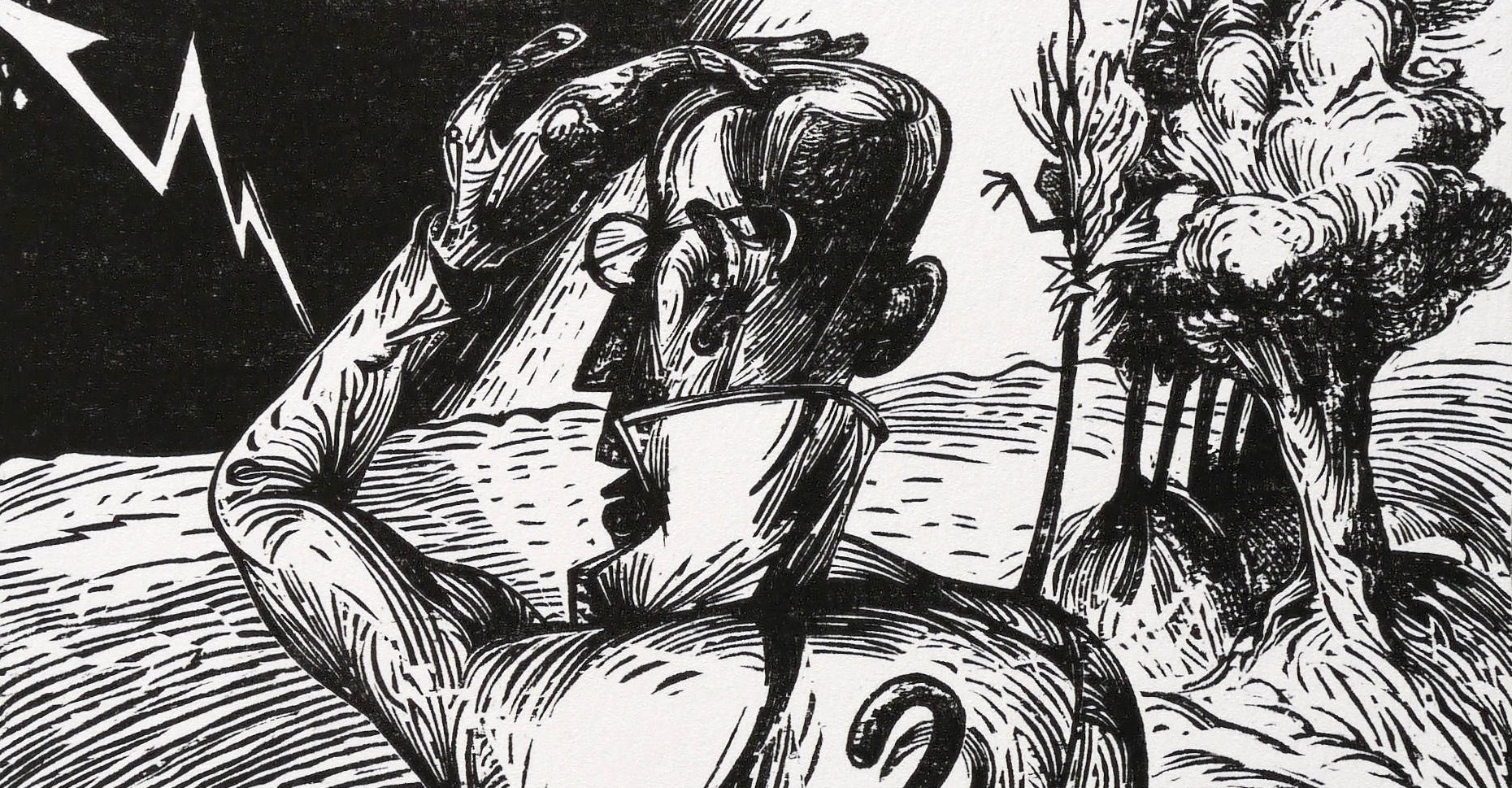 Der Holzschnitt vom Künstler Karl-Georg Hirsch zeigt einen Mann der sich sorgenvoll an die Stirn fasst.