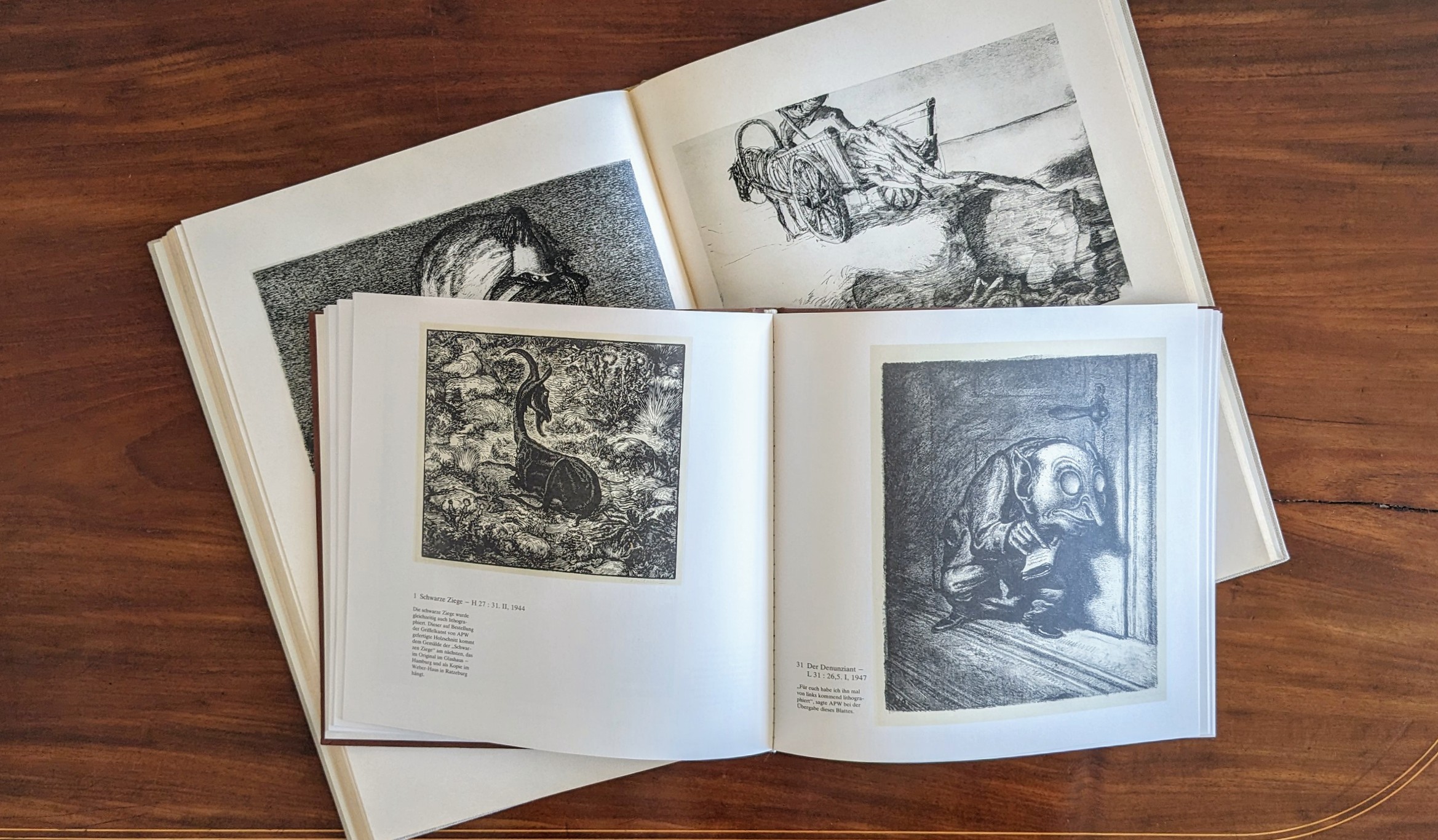 Zwei aufgeschlagene Kataloge mit Bildern von A. Paul Weber auf einem Tisch.