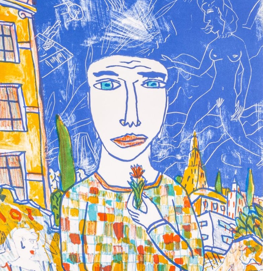 Ein Porträtbild des Künstlers Moritz Götze von 1998, dass eine Person in einer sonnigen Stadtlandschaft zeigt, die an einer Blume riecht.