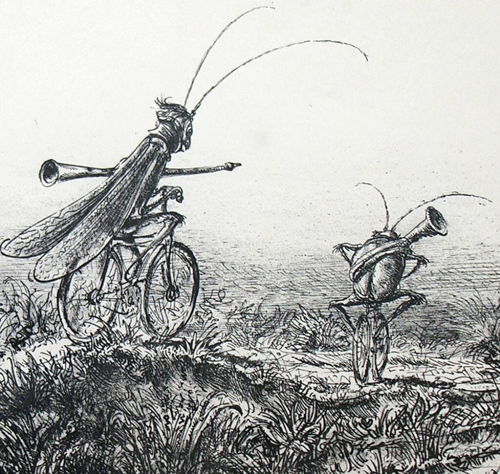 Lithografie, Die Musikanten (Detail). Zwei über eine Wiese mit dem Fahrrad fahrende Grillen mit Blasinstrumenten unter den Arm geklemmt.